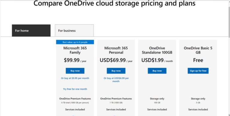 onedrive cloud storage pricing